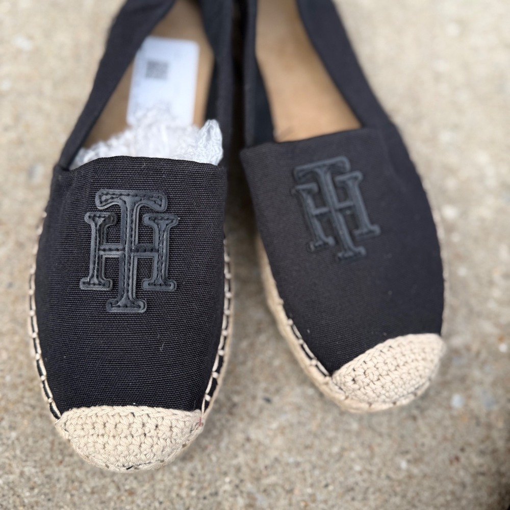 Tommy Hilfiger Anni2 Women Sz 8.5M Black Canvas Espadrille Logo Flats - Picture 9 of 11